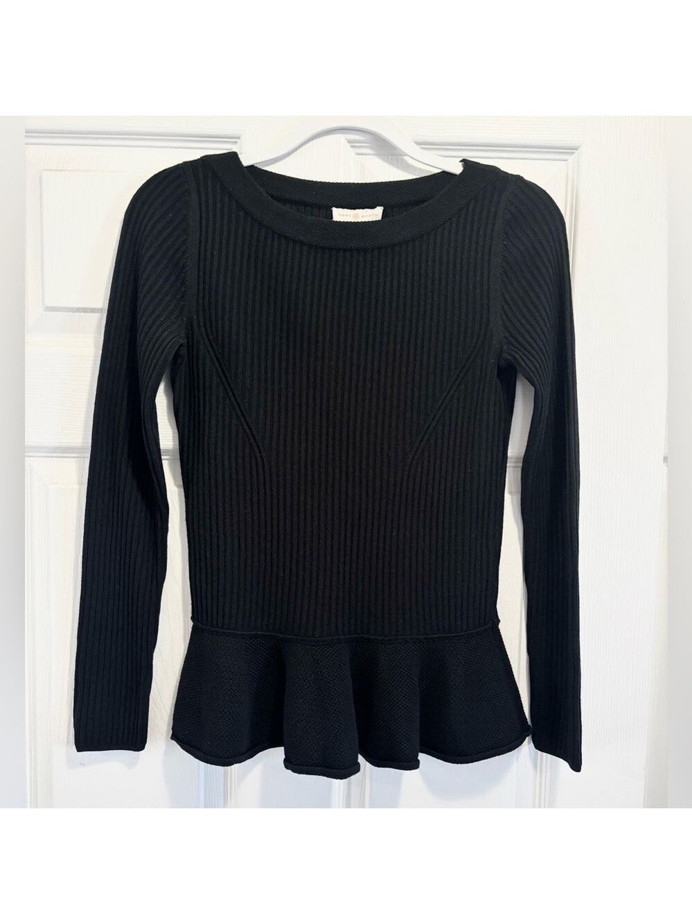 Tory Burch Ramona Merino Wool Sweater Peplum Ribbed Crew Neck Black Size Small